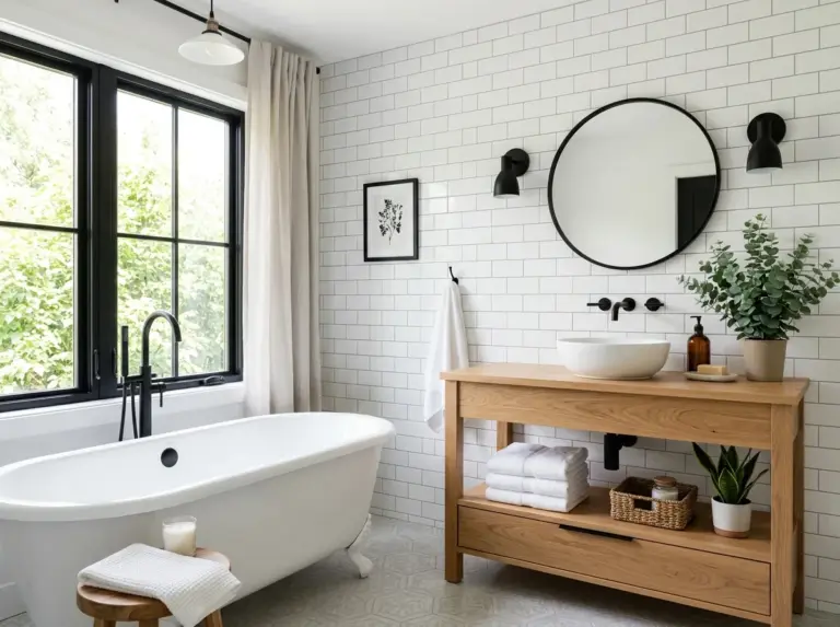 Real-life photograph of a beautifully arranged timeless bathroom featuring white subway tile walls, a freestanding tub, matte black fixtures, and a natural wood vanity, neatly organized with folded towels and small greenery, bright natural light streaming through a large window, clean and vibrant color palette, realistic stock photo style, Pinterest cover image, no text overlay.
