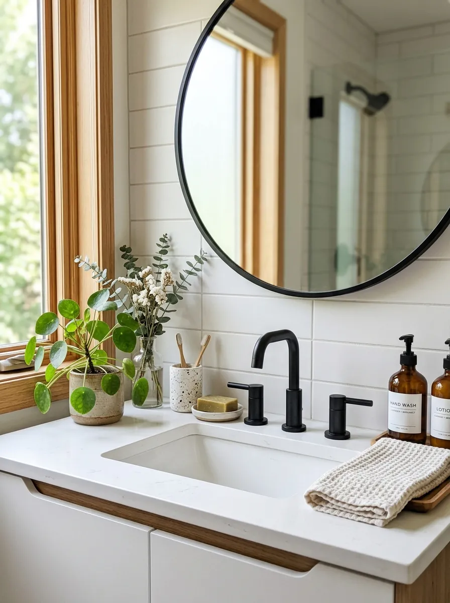 Real-life photograph of a bathroom sink area with a neatly arranged matte black faucet, clean white countertop, organized soap dispenser and folded hand towel, bright natural light from a nearby window, beautifully arranged small greenery, vibrant fresh look, realistic stock photography, Pinterest home decor style.