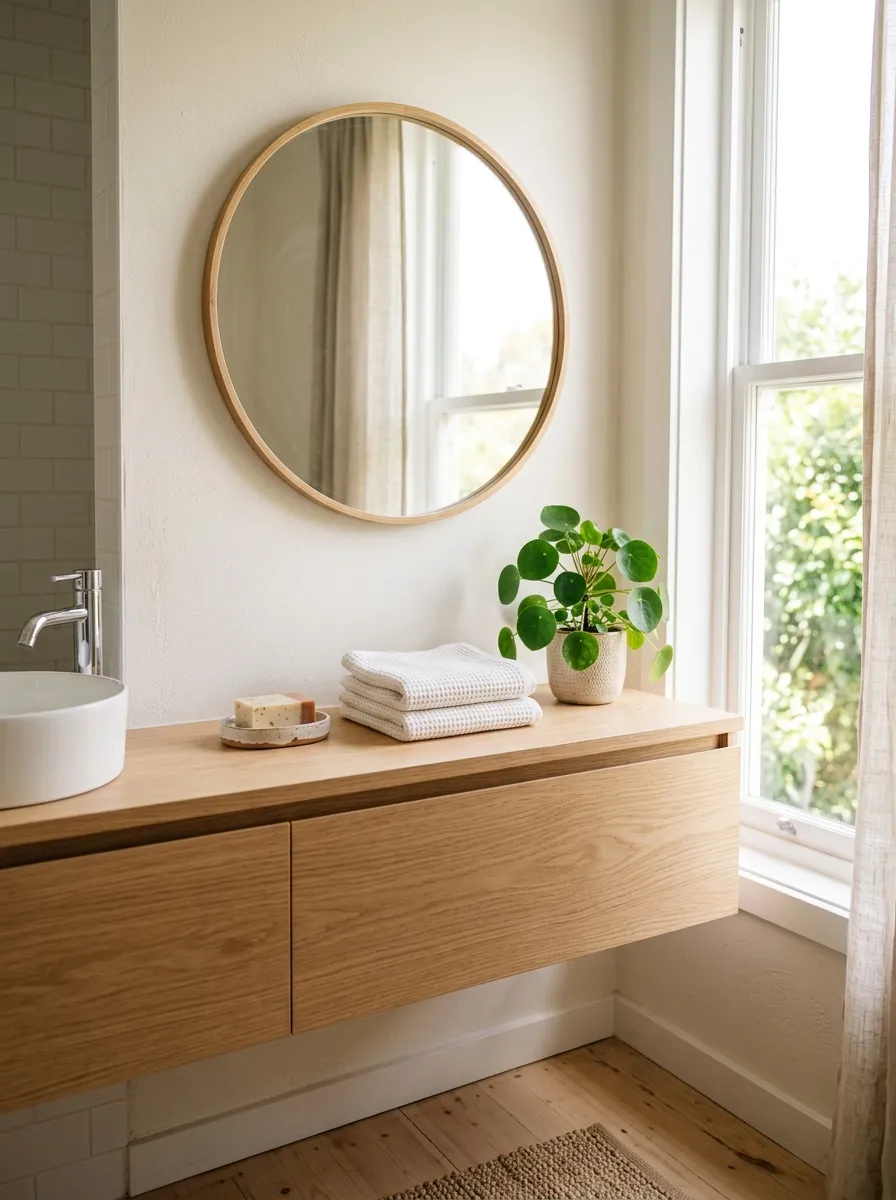 Real-life photograph of a bathroom vanity made of natural light oak wood, neatly arranged ceramic soap dish and folded white towels on top, clean round mirror above, bright natural light through a window, organized minimalist styling, beautifully arranged small plant, vibrant warm tones, realistic stock photo, Pinterest interior design style.