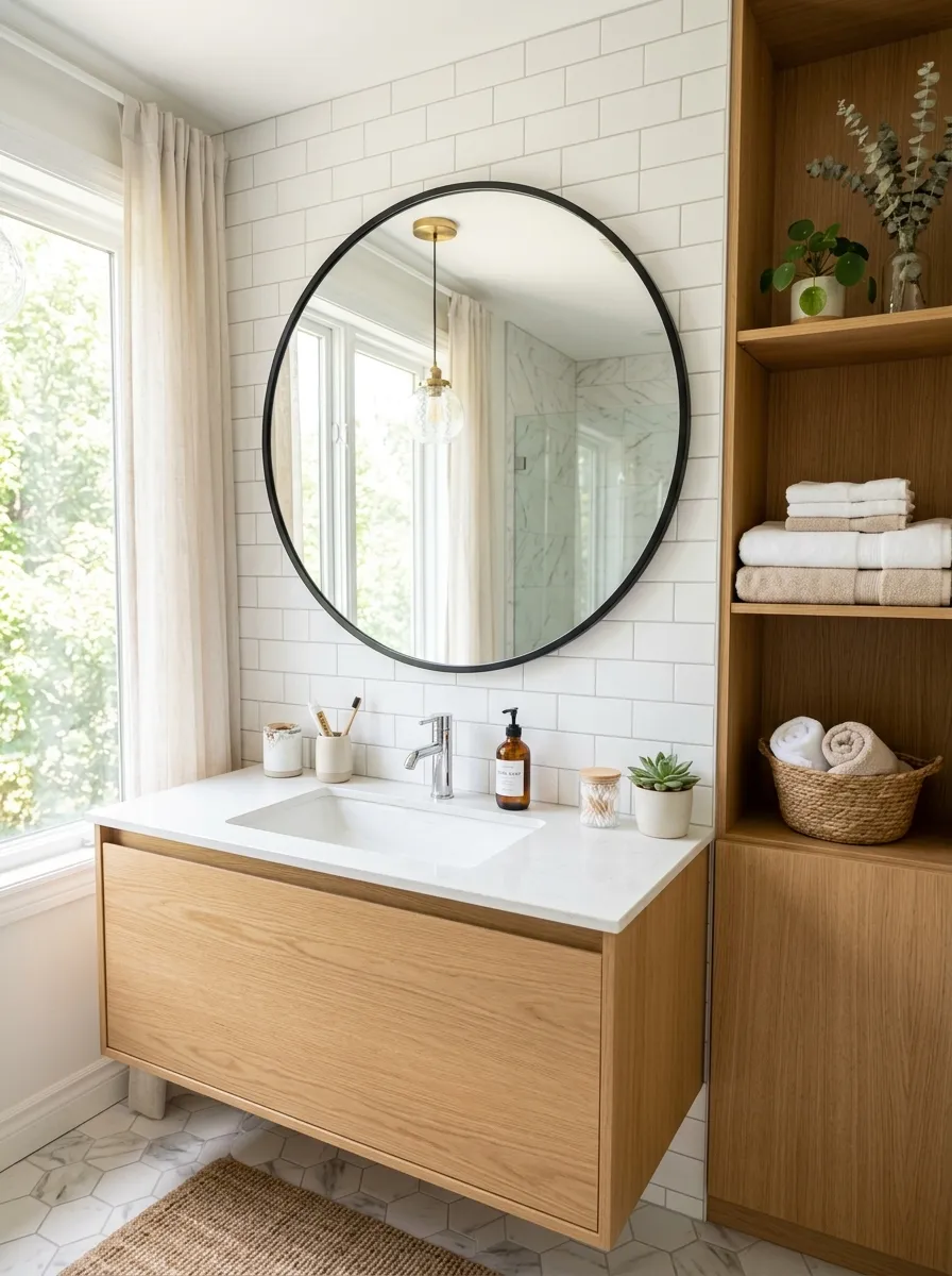 Real-life photograph of a bathroom with a large round mirror mounted above a clean white sink, bright natural light reflecting across the room, neatly arranged bathroom essentials on the counter, organized folded towels on a nearby shelf, beautifully arranged small plant accents, vibrant fresh atmosphere, realistic stock photography, Pinterest-friendly home design.