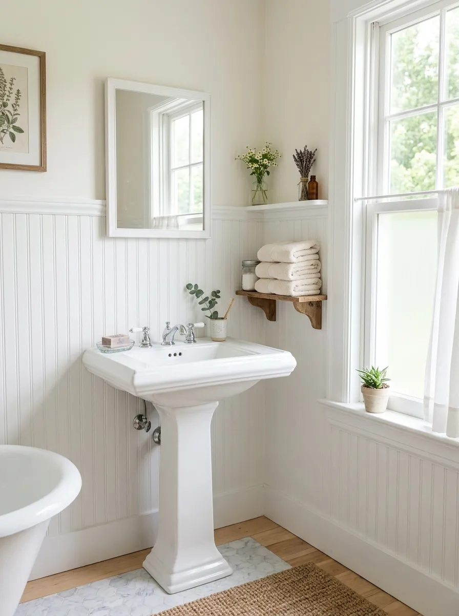 Real-life photograph of a bathroom wall with neatly painted white beadboard wainscoting, clean pedestal sink nearby, bright natural light through a window, organized small shelf with folded towels, beautifully arranged decor, vibrant fresh tones, realistic stock photo style, Pinterest cottage bathroom inspiration.