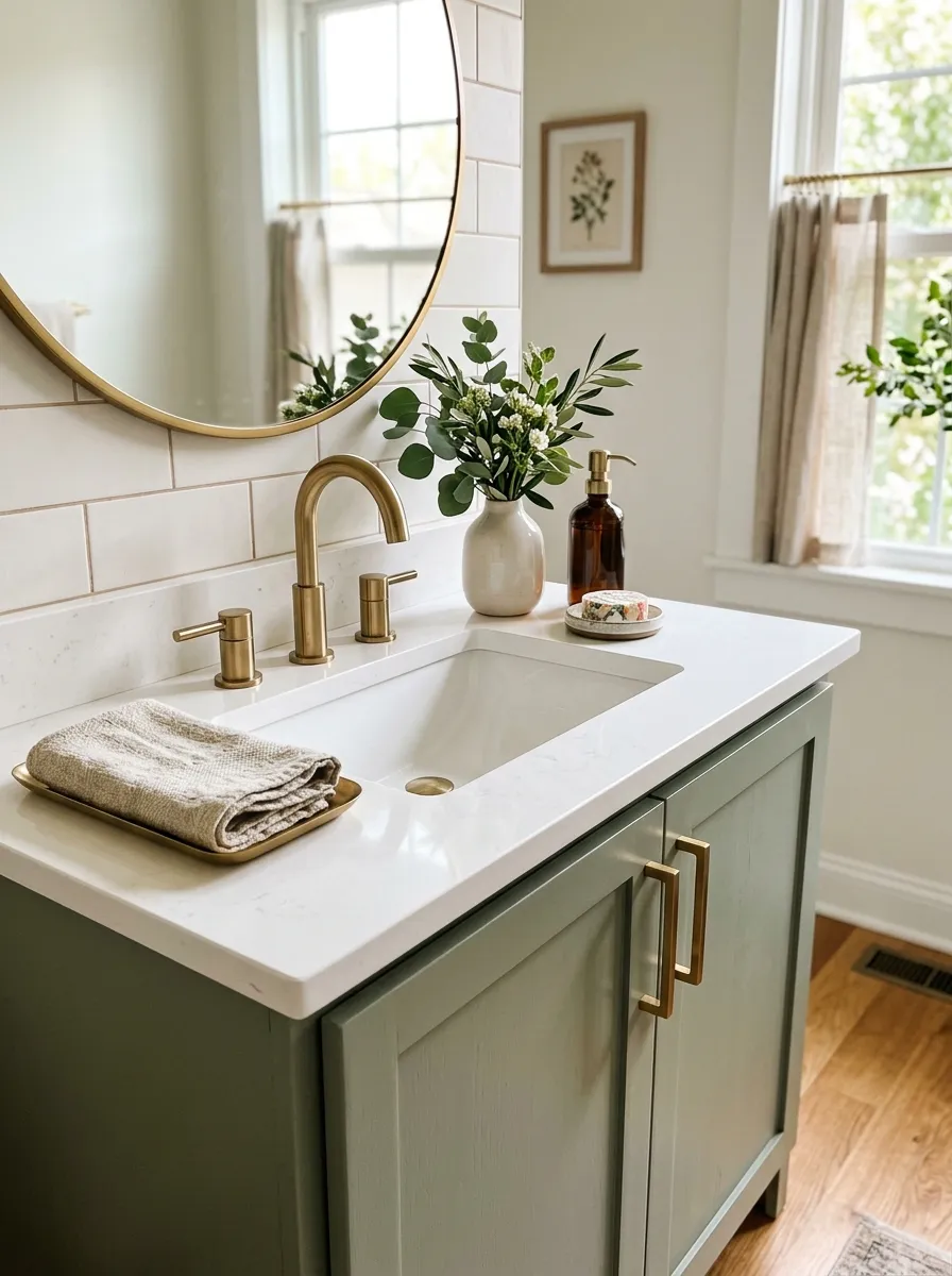 Real-life photograph of a bathroom sink with a neatly arranged brushed brass faucet and matching cabinet handles, clean white countertop, bright natural light, organized folded hand towel, beautifully arranged small vase with greenery, vibrant warm tones, realistic stock photography, Pinterest home decor style.