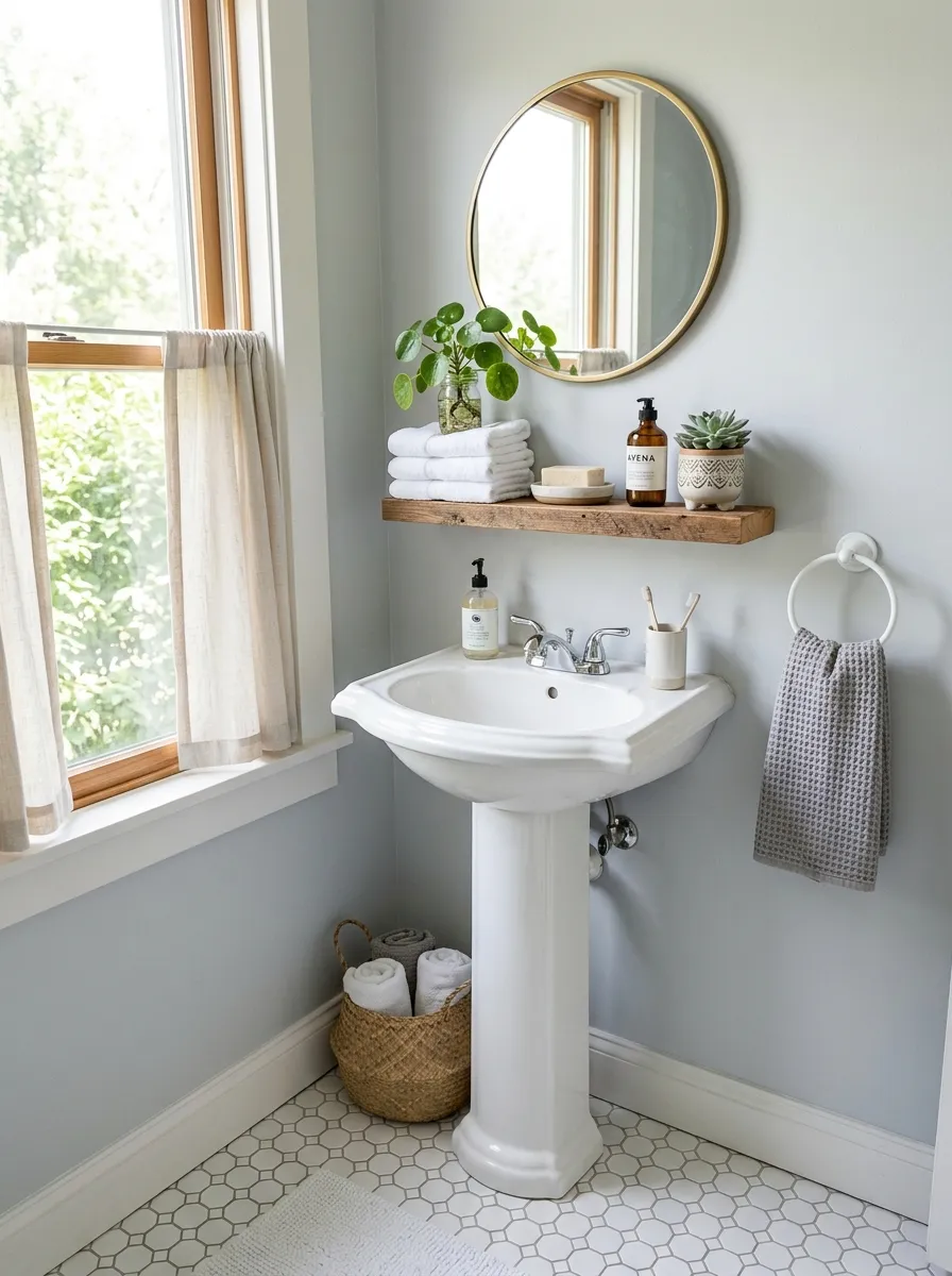 Real-life photograph of a small bathroom with a neatly arranged white pedestal sink, clean tile flooring, bright natural light from a nearby window, organized small shelf above with folded towels, beautifully arranged soap and greenery, vibrant fresh atmosphere, realistic stock photo, Pinterest bathroom inspiration style.