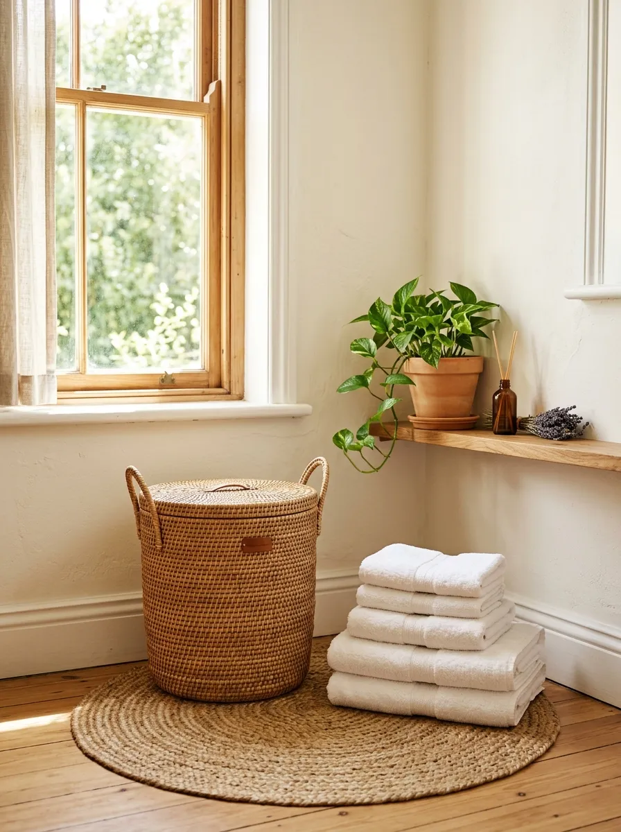 Real-life photograph of a bathroom corner with a neatly arranged rattan laundry basket, folded white towels stacked beside it, clean jute bath mat on the floor, bright natural light through a window, beautifully arranged small plant, vibrant warm tones, realistic stock photography, Pinterest interior style.