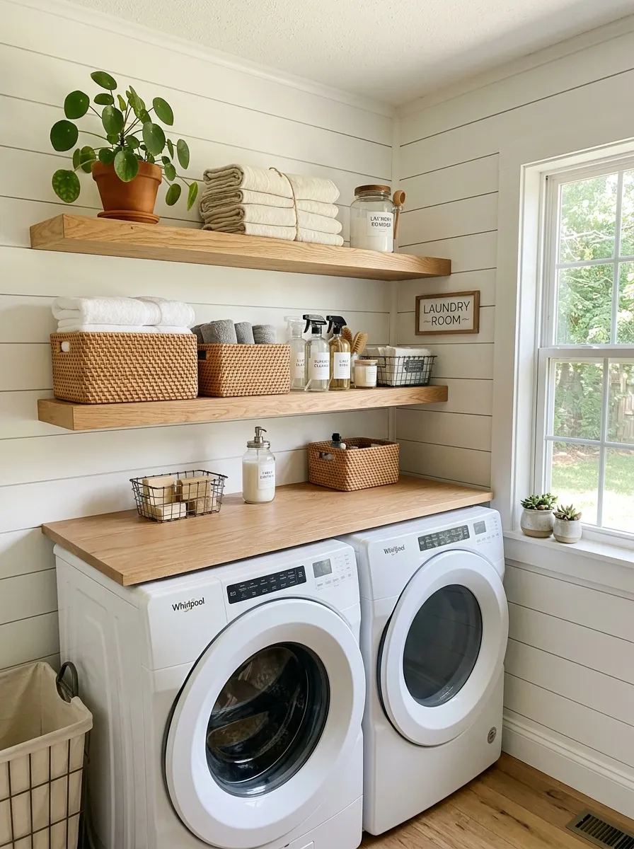 A bright, real-life laundry room with white open floating shelves mounted above a washer and dryer, neatly arranged woven rattan baskets holding folded towels and cleaning supplies, white shiplap wall, potted plant on the shelf, bright natural light streaming through a nearby window, clean and organized, candid home photography style, no people, vibrant natural tones