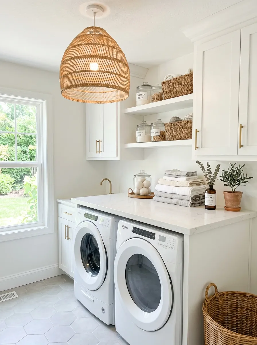 Real-life bright white laundry room with a woven rattan pendant light hanging above a folding counter, washer and dryer neatly tucked below cabinetry, folded towels beautifully arranged nearby, bright natural light mixing with warm pendant glow, clean and organized, vibrant stock photography style, no people