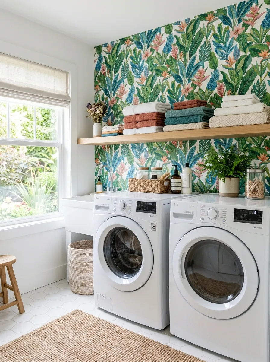 Bright real-life white laundry room with one wall covered in a bold botanical print wallpaper, white washer and dryer against it, folded towels neatly stacked on a shelf, bright natural light, clean and organized, beautifully arranged, vibrant colors, candid stock photography style, no people