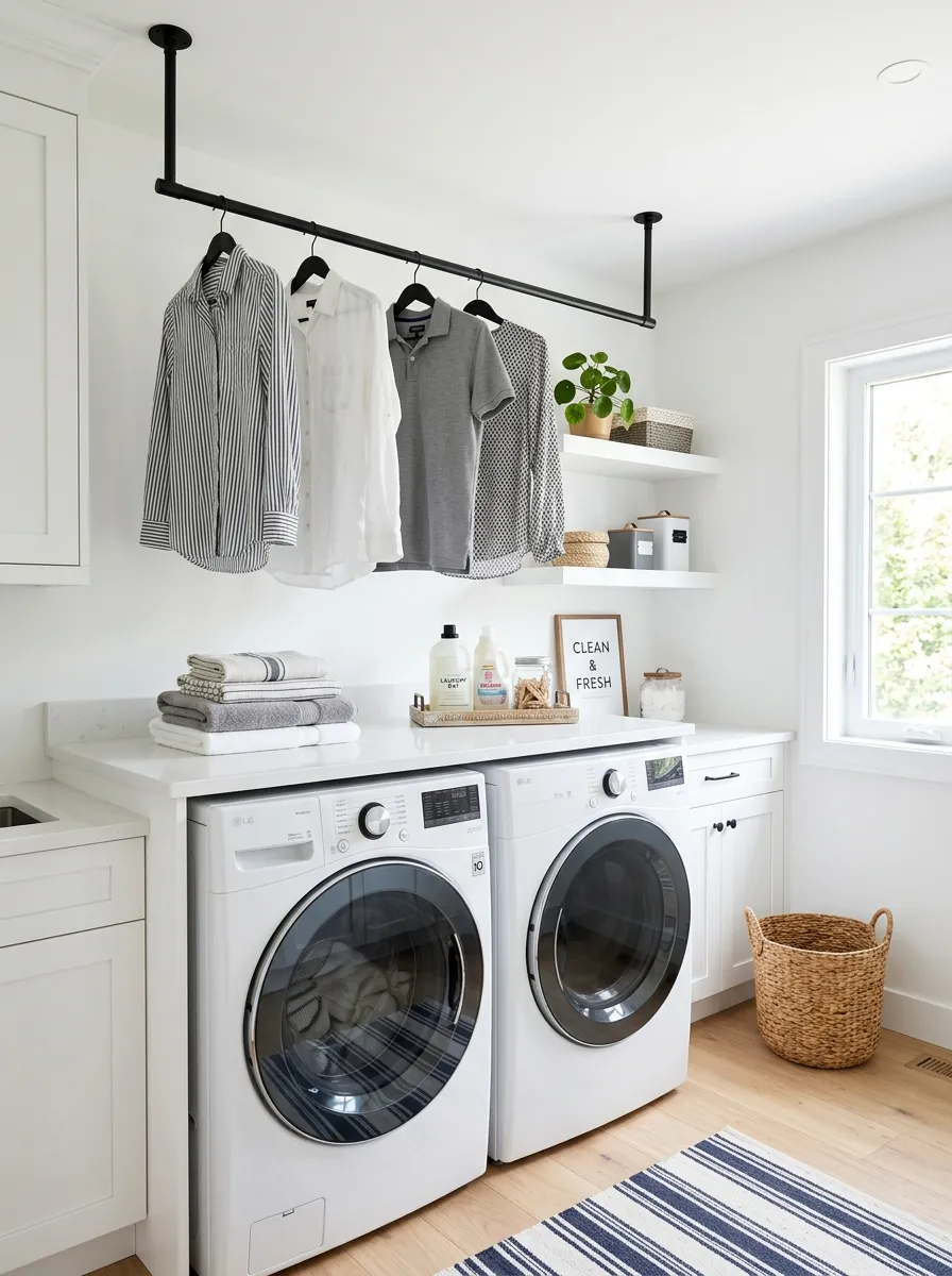 Real-life bright white laundry room with a matte black ceiling-mounted drying rod holding a few neatly hung shirts, washer and dryer below, folded laundry on the counter, bright natural light from a window, clean and organized, beautifully arranged, vibrant stock photography style, no people
