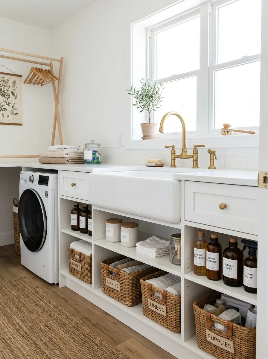 Bright real-life white laundry room with a white apron-front sink, brass gooseneck faucet, open shelving below holding neatly arranged baskets and bottles, bright natural light, clean and organized, beautifully arranged, candid stock photography style, vibrant fresh tones, no people