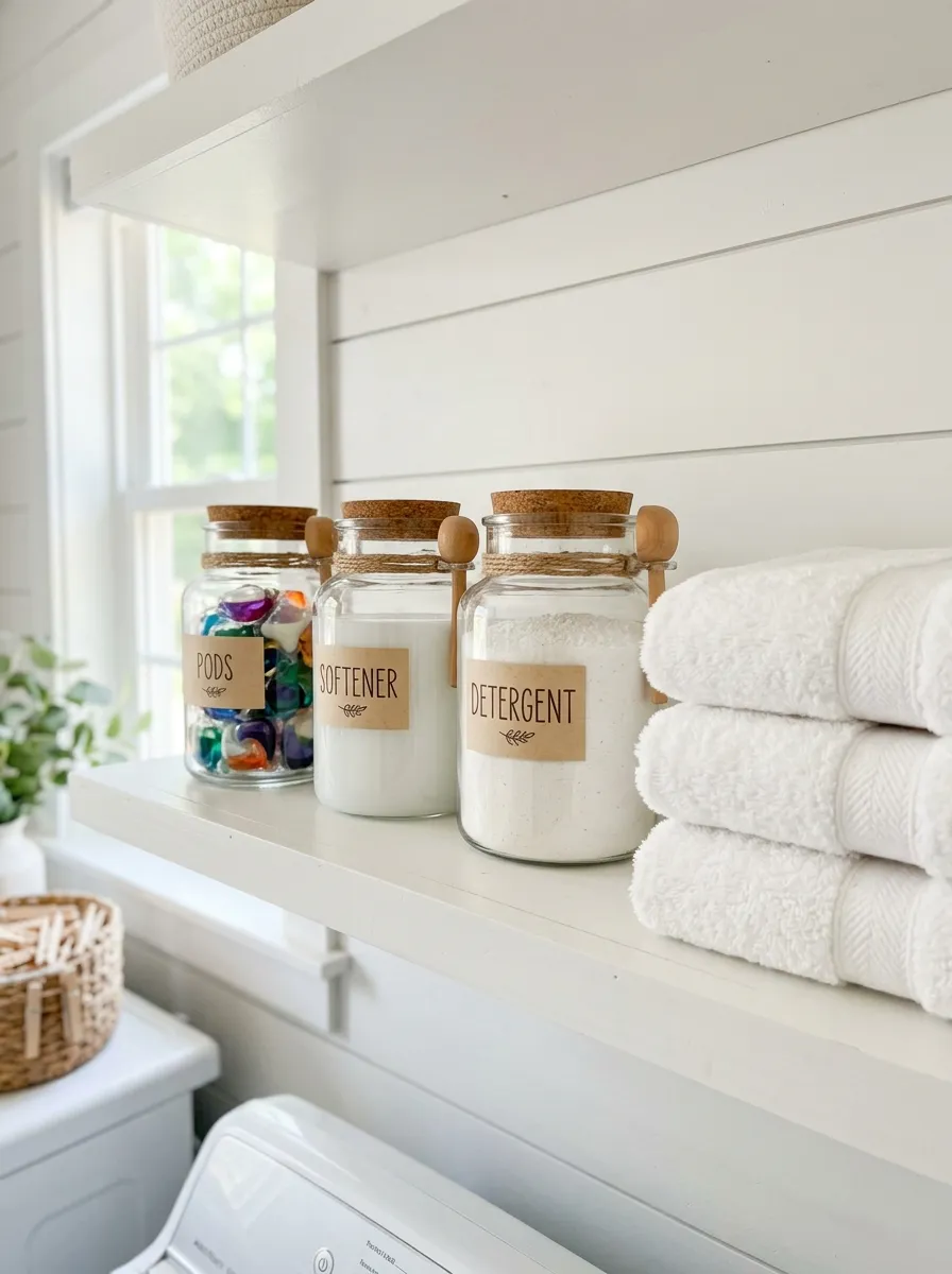 Real-life bright white laundry room shelf with neatly arranged glass jars labeled detergent, softener, and pods, folded white towels beside them, bright natural light, clean and organized, beautifully arranged, vibrant stock photography style, close-up shot, no people