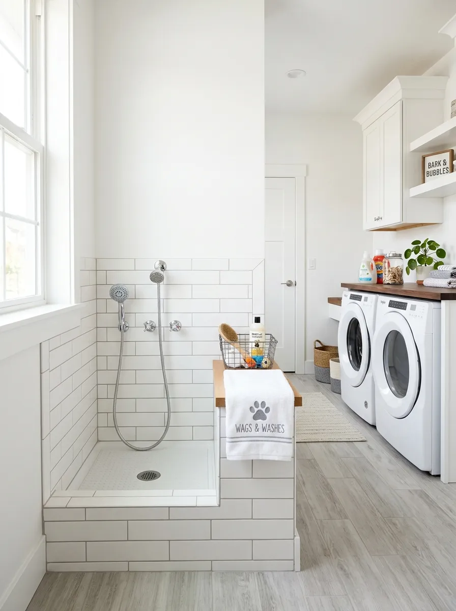 Bright real-life white laundry room with a built-in low tiled pet washing station in the corner, handheld sprayer mounted on the wall, a folded dog towel neatly placed nearby, washer and dryer in the background, bright natural light, clean and organized, vibrant stock photography style, no people