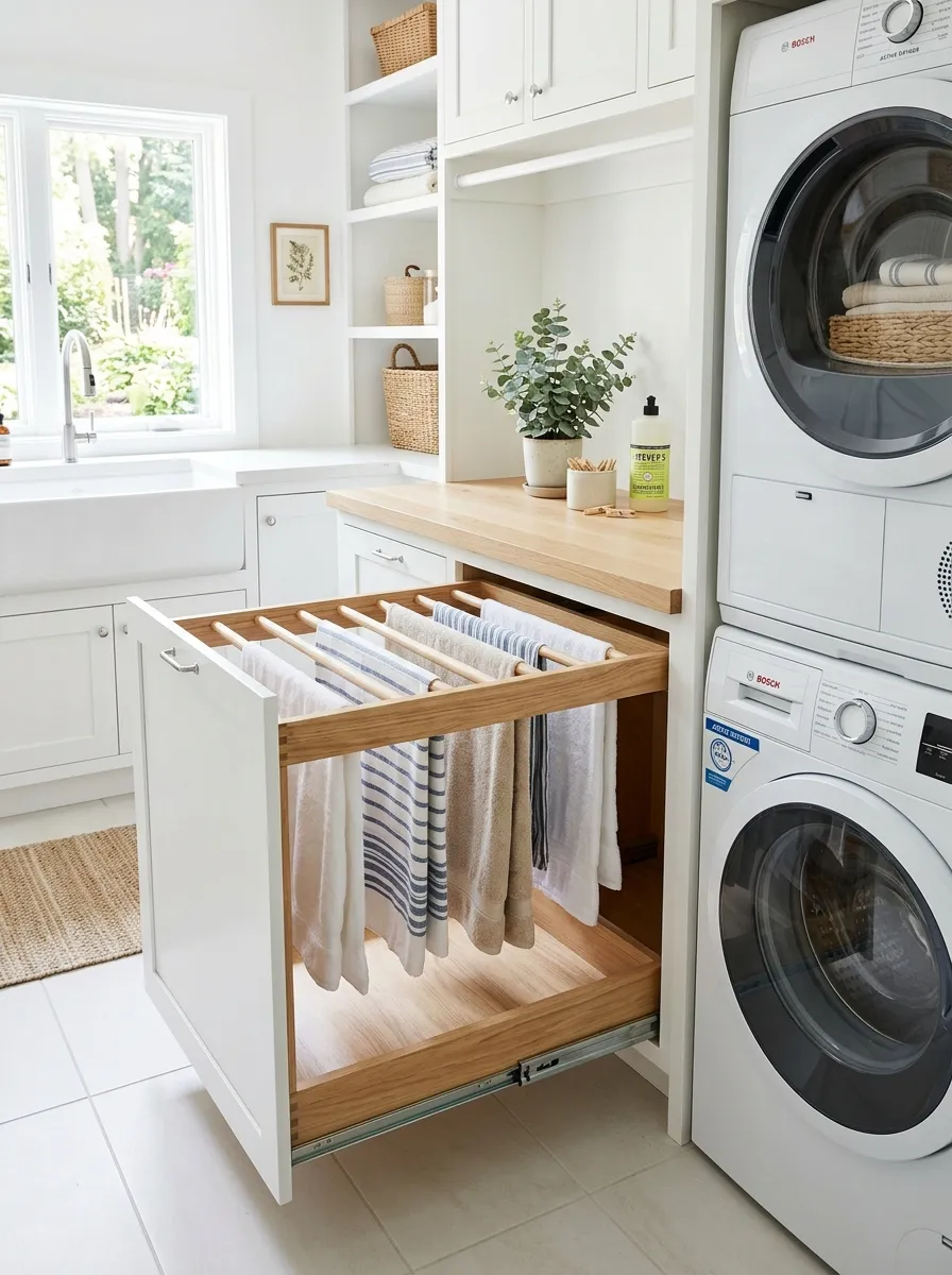 Bright real-life white laundry room with a pull-out wooden slatted drying rack drawer extended beneath a counter, a few neatly hung damp towels on it, washer and dryer nearby, bright natural light, clean and organized, beautifully arranged, vibrant stock photography style, no people