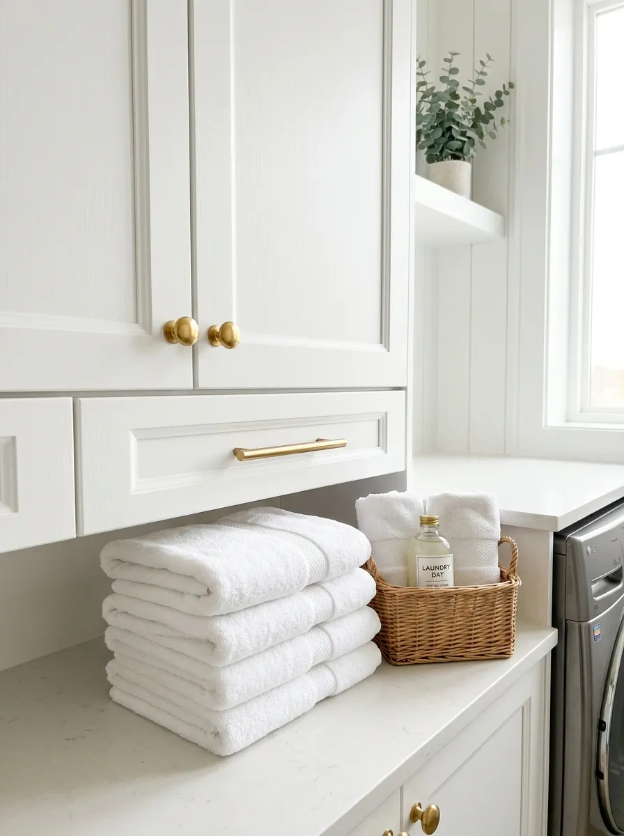 Real-life close-up of white laundry room cabinetry with brass knobs and pulls, folded towels neatly stacked on the counter nearby, bright natural light catching the brass finish, clean and organized, beautifully arranged, vibrant stock photography style, no people