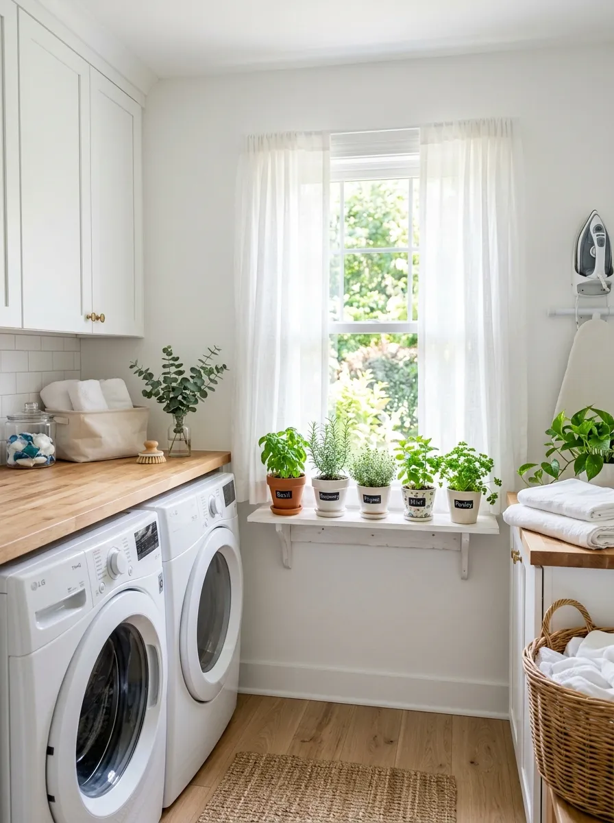 Bright real-life white laundry room with a window dressed in sheer white curtains, a narrow shelf beneath holding neatly arranged potted herbs, washer and dryer to the side, bright natural light streaming in, clean and organized, beautifully arranged, vibrant green tones, stock photography style, no people
