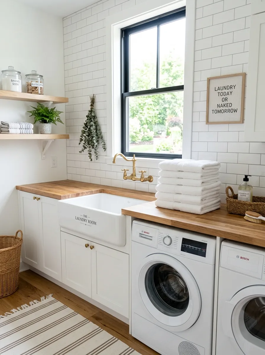 Real-life photo of a white laundry room with a classic white subway tile backsplash behind a white farmhouse sink, brass faucet, folded neatly stacked towels on the counter, bright natural light, beautifully arranged, clean and organized, stock photography style, vibrant fresh colors, no people