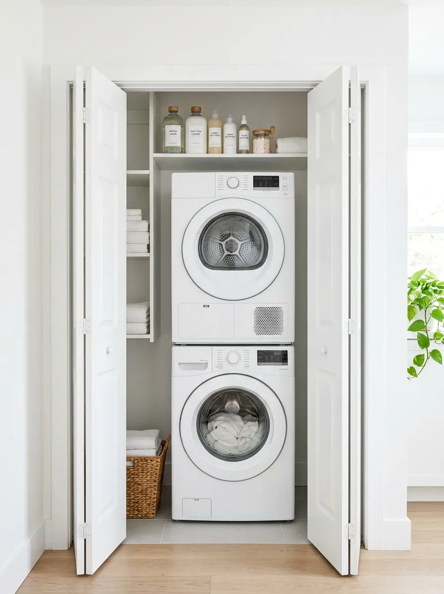 Real-life bright white laundry room closet nook with stacked washer and dryer, white bifold doors open, a slim shelf above holding neatly arranged detergent bottles, bright natural light, clean and organized, beautifully arranged, vibrant stock photography style, no people