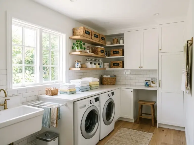 A bright, real-life white laundry room shown as a wide interior shot, white cabinetry and open shelving with woven baskets, a white washer and dryer, folded white and pastel towels neatly stacked on a folding counter, a small green plant, subway tile backsplash, bright natural light pouring through a window, beautifully arranged, clean and organized, candid stock photography style, vibrant fresh colors, no people