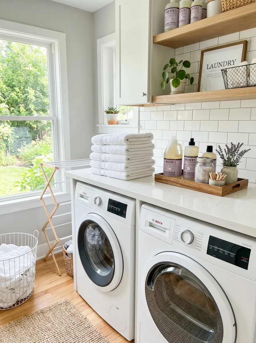 Bright real-life laundry room with a white built-in folding counter above a front-load washer and dryer, neatly folded stack of white towels on the counter, laundry detergent bottles beautifully arranged in a tray, bright natural light, clean organized aesthetic, candid stock photo style, vibrant colors, no people