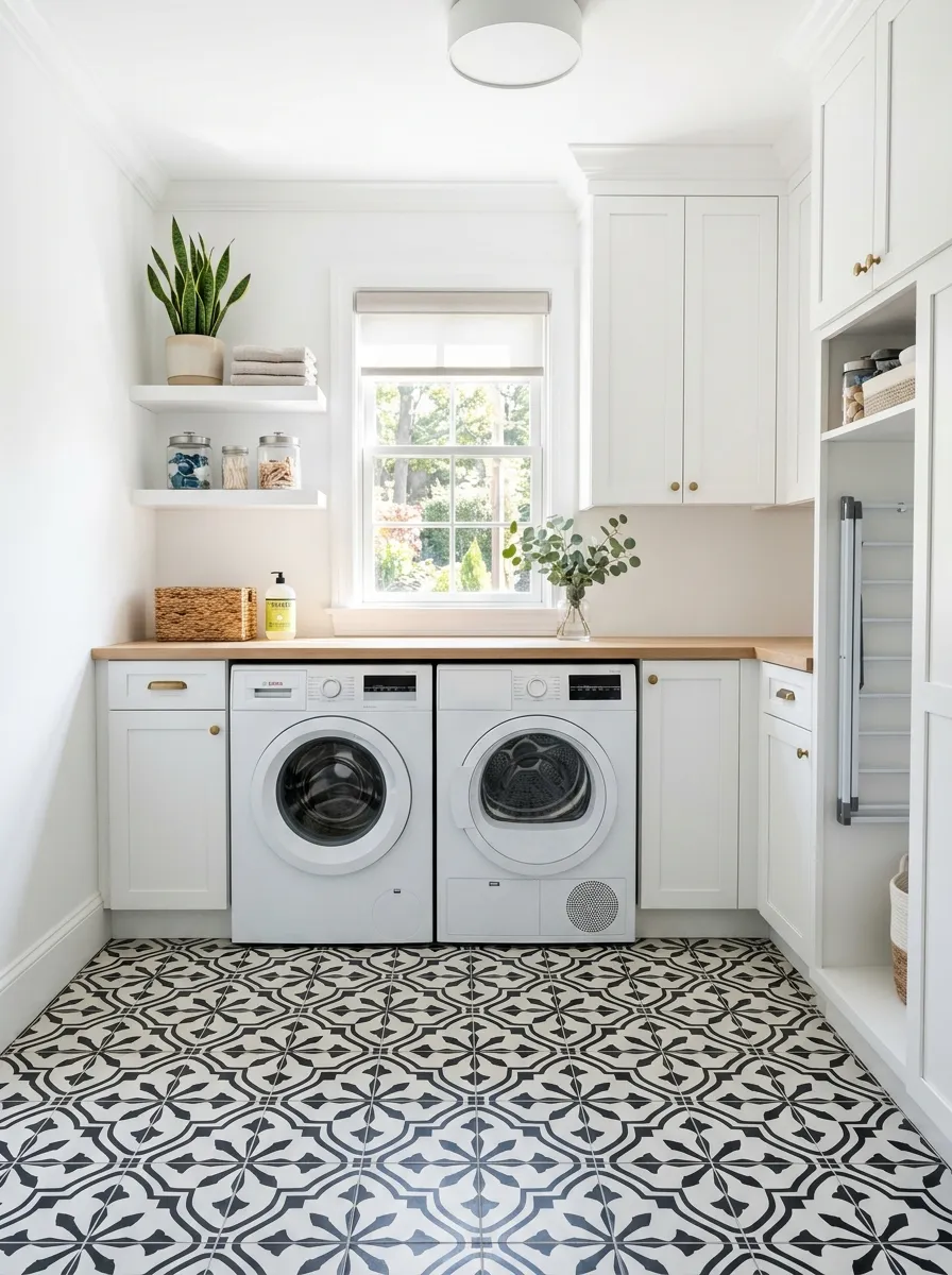 Real-life bright laundry room with white walls and white cabinetry, a black-and-white patterned cement tile floor, a washer and dryer neatly tucked in, a small potted plant on a shelf, bright natural light through a window, clean and organized, vibrant tile pattern, stock photography style, no people