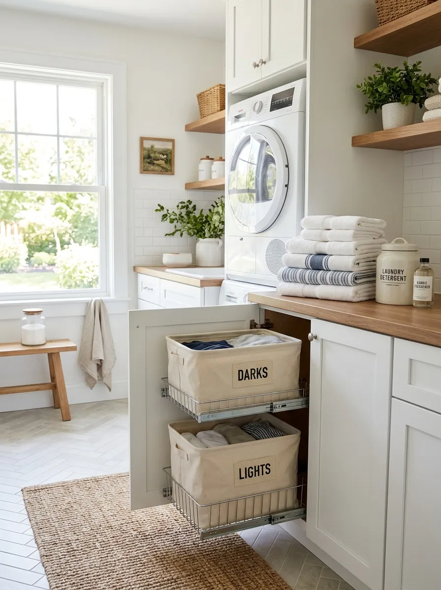Bright real-life white laundry room with a cabinet door open revealing neatly organized pull-out canvas hamper bins labeled darks and lights, white cabinetry, folded towels nearby, bright natural light, clean and organized, beautifully arranged, stock photo style, vibrant fresh tones, no people