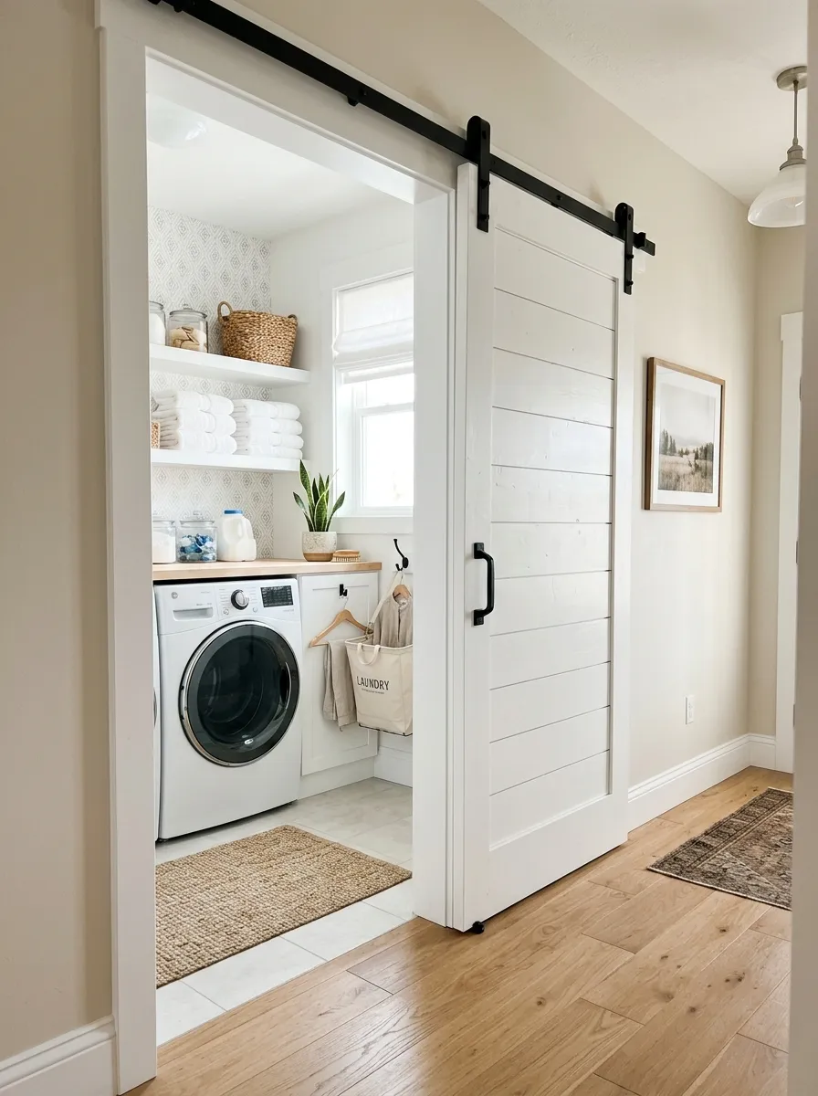 Real-life bright hallway with a white shiplap sliding barn door partially open revealing a neatly organized white laundry room behind it, washer and dryer visible, folded towels on a shelf, bright natural light, clean and organized, beautifully arranged, candid stock photography, vibrant tones, no people