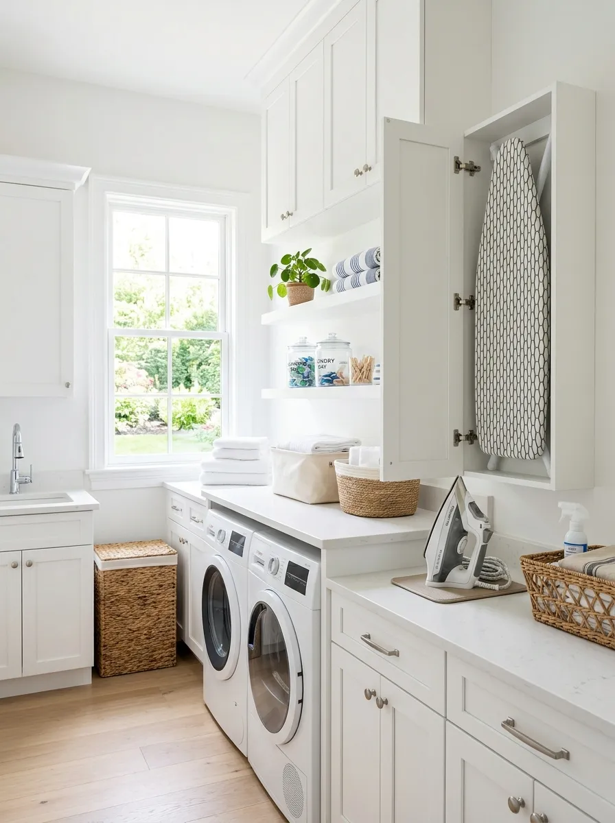 Bright real-life white laundry room with a wall-mounted ironing board cabinet open showing the folded ironing board, iron neatly placed nearby, white cabinetry, bright natural light, clean and organized, beautifully arranged, stock photography style, vibrant fresh colors, no people