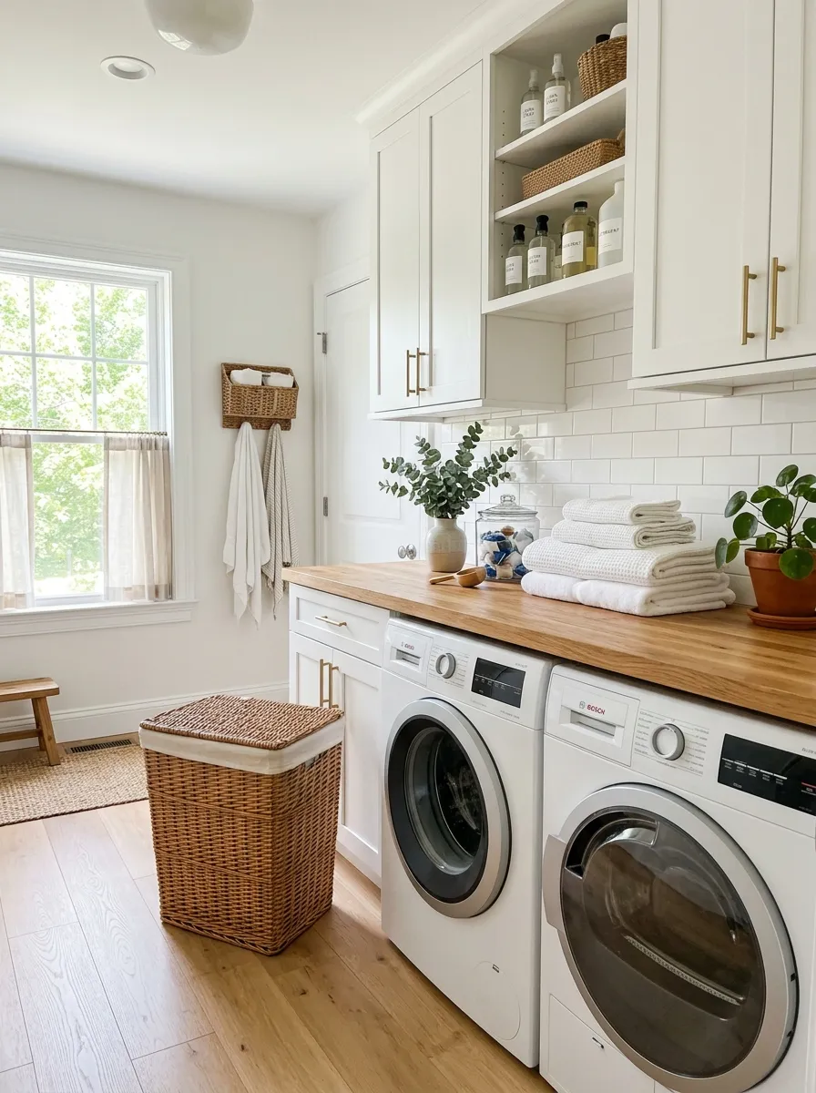 Real-life bright white laundry room with white cabinetry and a warm wood countertop above washer and dryer, wooden hamper basket neatly placed on the floor, folded linens stacked on the counter, bright natural light, clean and organized, beautifully arranged, vibrant natural tones, stock photo style, no people