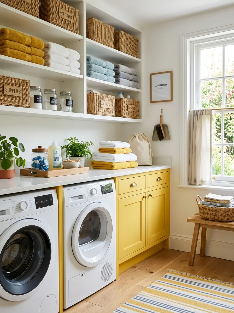 A cozy real-life laundry room with sunshine yellow cabinets and crisp white countertops, neatly organized with folded towels, bright natural light coming through a nearby window, vibrant colors, clean and beautifully arranged, stock photography style, no people.