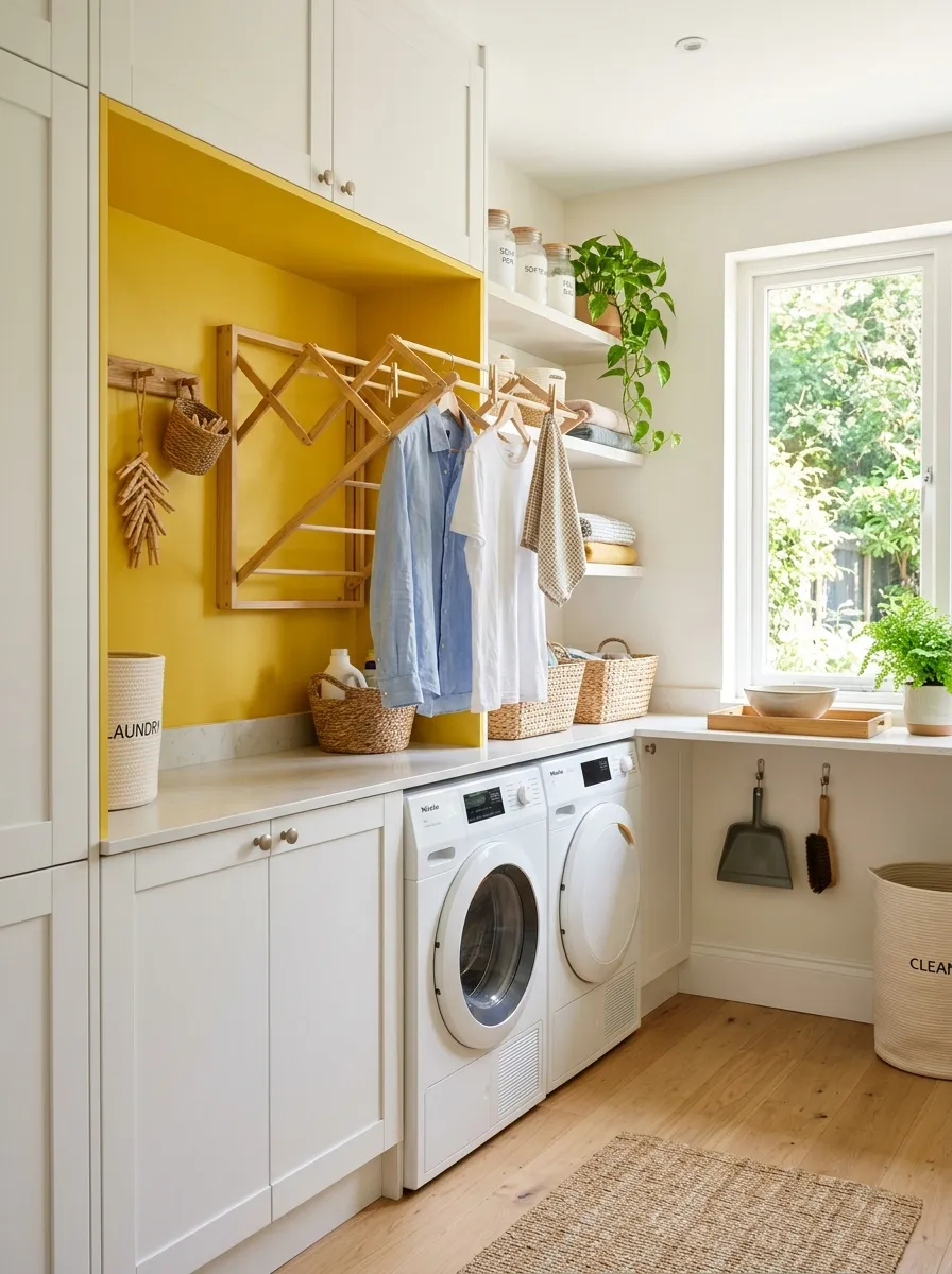 A real-life laundry room with a built-in yellow nook holding a fold-out drying rack with a few garments hanging, small hooks with clothespins nearby, neatly organized, bright natural light, clean and vibrant colors, beautifully arranged, stock photography style.