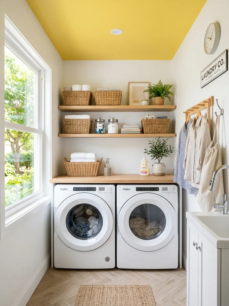 A real-life laundry room with a bright yellow ceiling and white walls, washer and dryer neatly organized below, bright natural light, clean and vibrant colors, beautifully arranged, stock photography style, wide angle shot.
