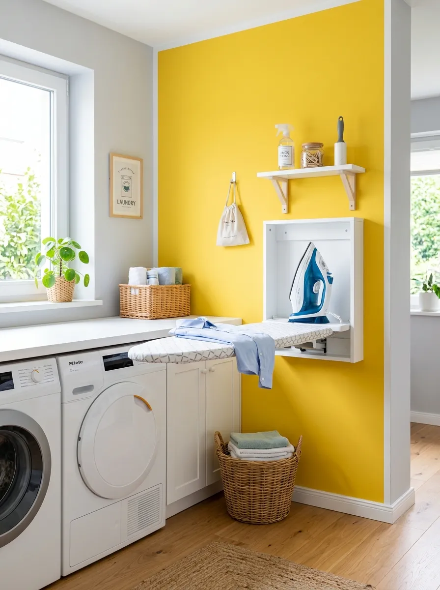 A real-life laundry room with a wall-mounted fold-down ironing board against a yellow accent wall, small shelf holding an iron neatly organized, bright natural light, clean and vibrant, beautifully arranged, stock photography style.