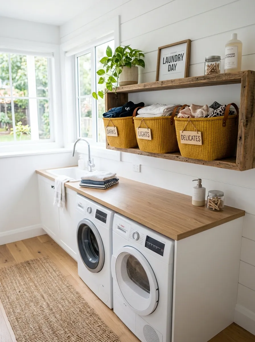 A real-life laundry room with three yellow woven sorting bins labeled Darks, Lights, and Delicates, neatly organized on a wooden shelf, bright natural light, clean and vibrant colors, beautifully arranged, stock photography style.