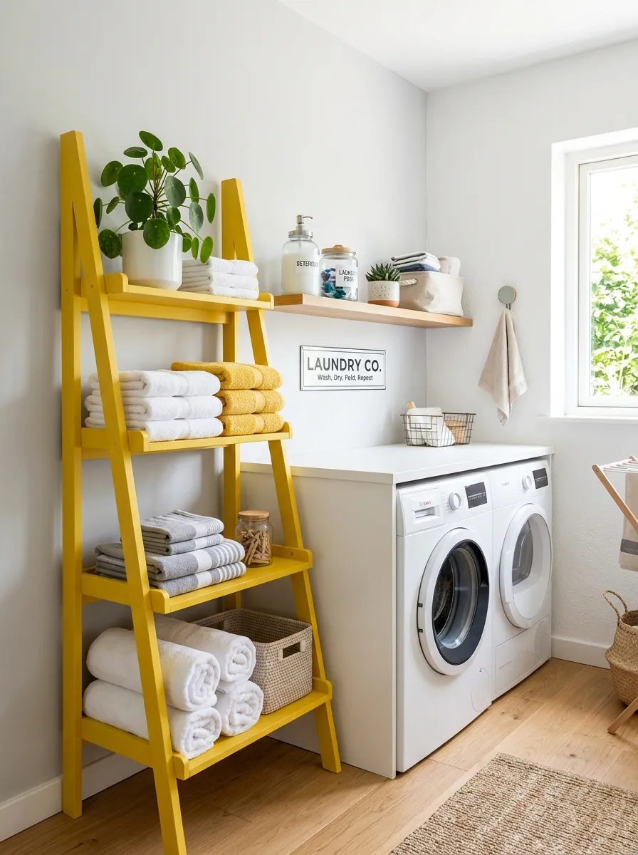 A real-life laundry room with a yellow leaning ladder shelf holding folded towels and a small potted plant, neatly organized corner, bright natural light, clean and vibrant colors, beautifully arranged, stock photography style.