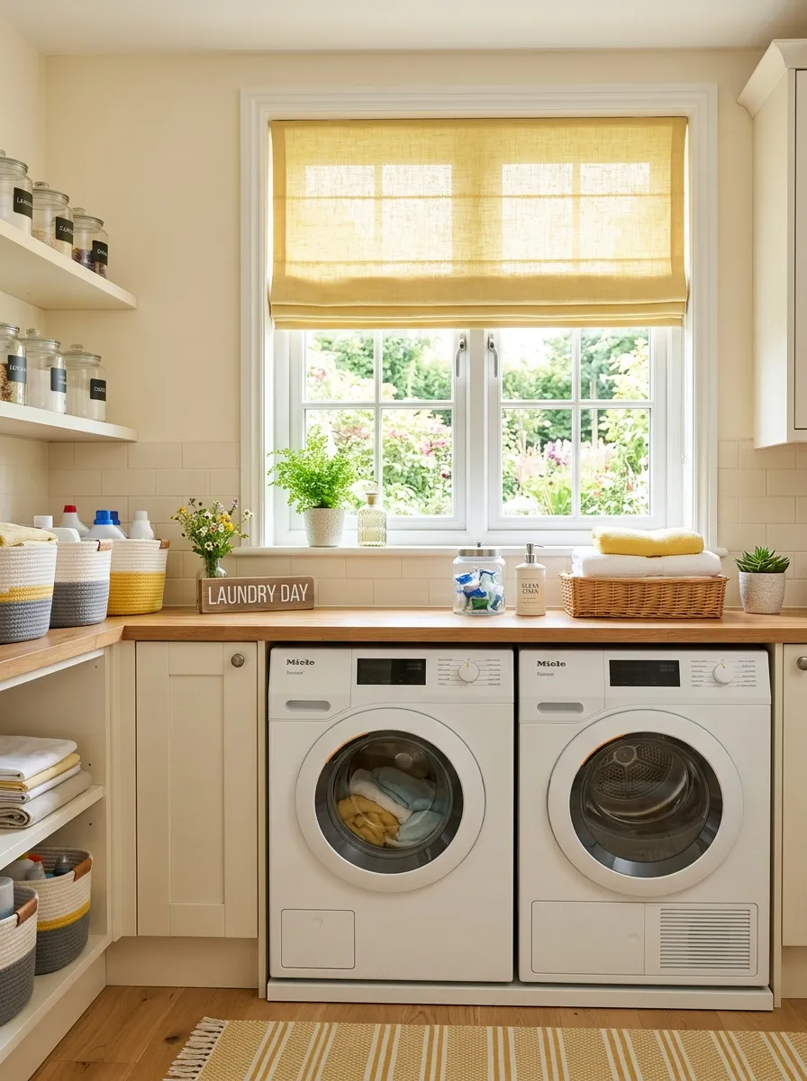A real-life laundry room window with a soft yellow roman shade fabric treatment, washer and dryer neatly organized below, bright natural light filtering through, clean and vibrant colors, beautifully arranged, stock photography style.