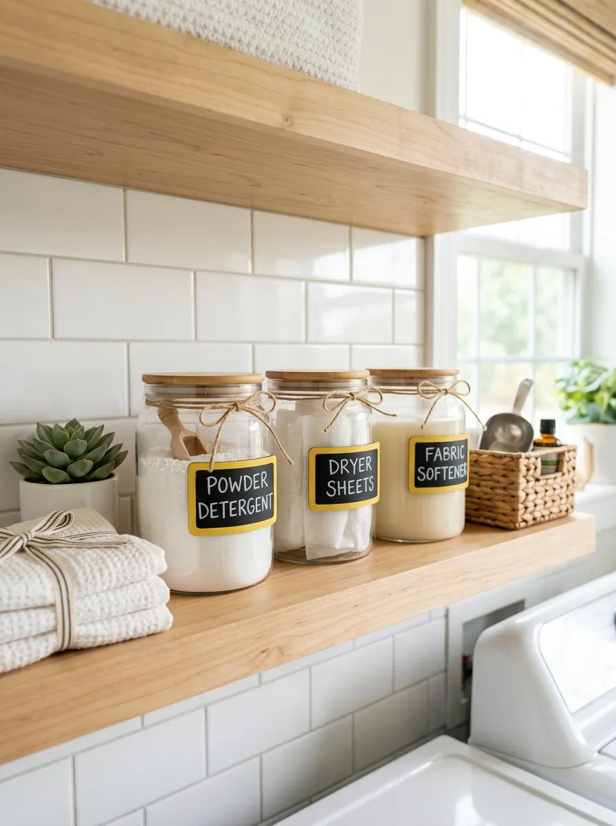 A real-life laundry room shelf with glass jars featuring yellow chalkboard labels for detergent and dryer sheets, neatly organized in a row, bright natural light, clean and vibrant colors, beautifully arranged, stock photography style.