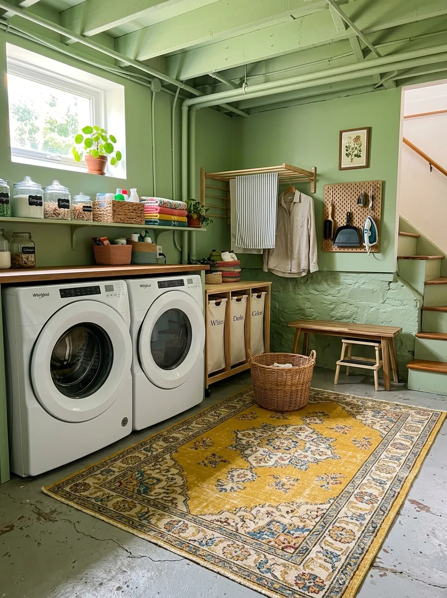 A real-life basement laundry room with a worn yellow vintage patterned rug over concrete flooring, washer and dryer neatly organized nearby, bright natural light, clean and vibrant colors, beautifully arranged, stock photography style.