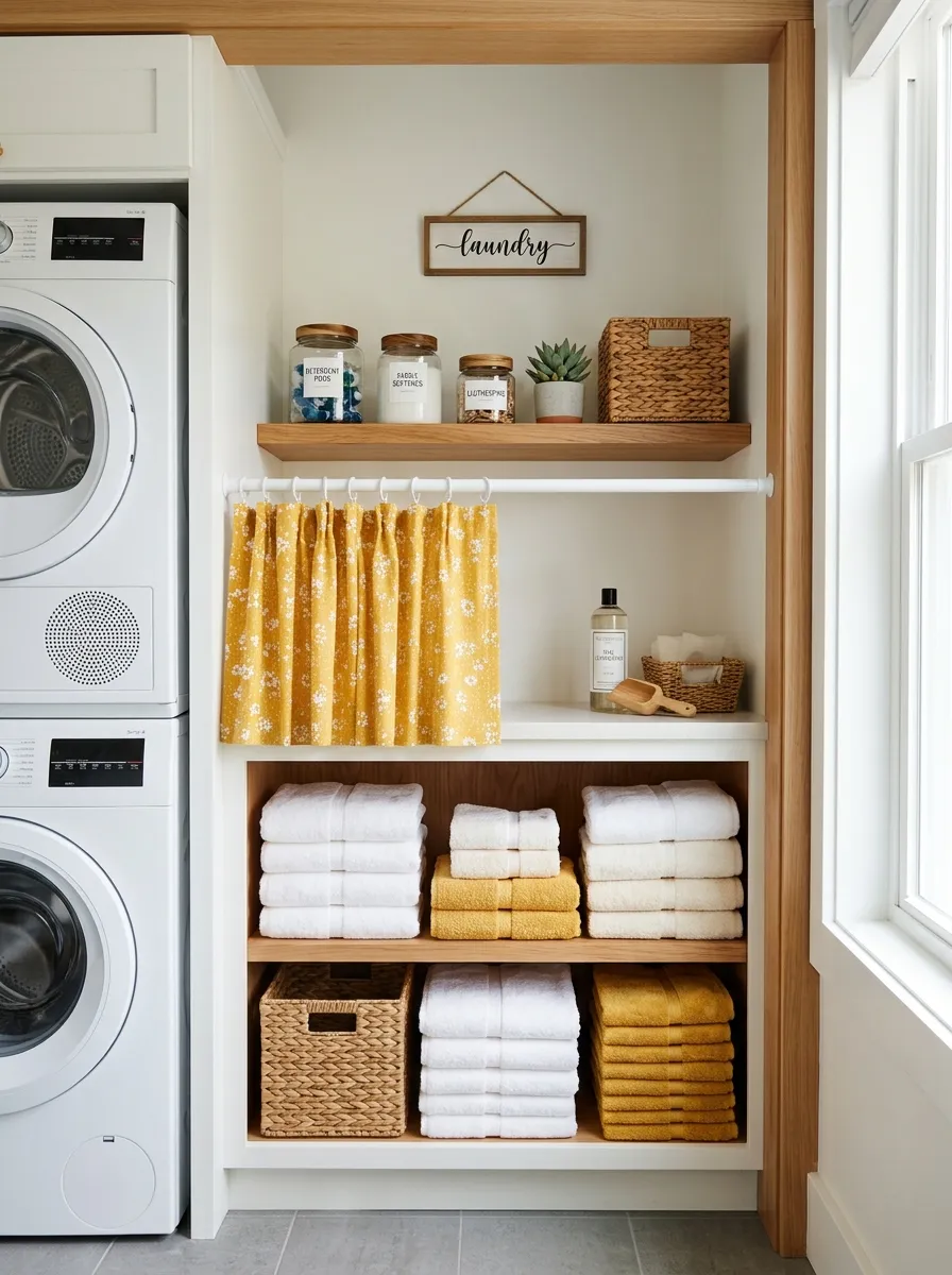 A real-life laundry closet with a short yellow café curtain under an open shelf, folded towels neatly organized behind it, bright natural light, clean and vibrant colors, beautifully arranged, stock photography style.