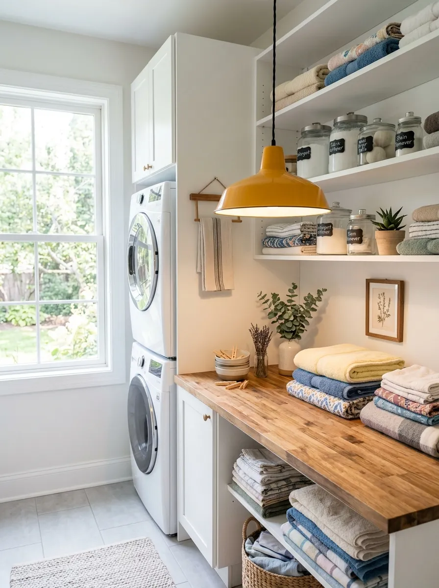 A real-life laundry room with a yellow enamel pendant light hanging above a folding counter, neatly organized surface below, bright natural light mixing with the fixture's warm glow, clean and vibrant, beautifully arranged, stock photography style.