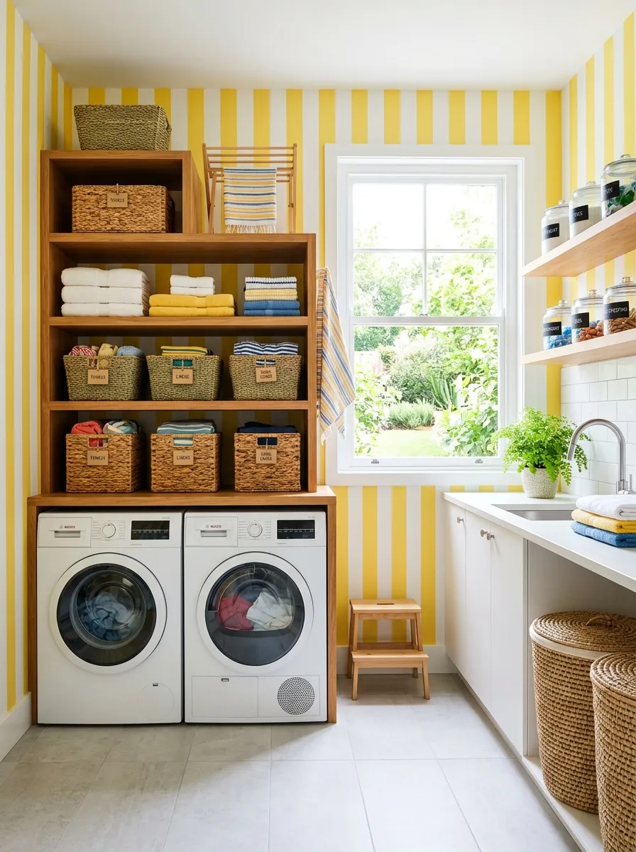 A real-life laundry room with vertical yellow and white striped walls, wooden open shelf holding neatly folded baskets, bright natural light, clean and organized space, vibrant colors, beautifully arranged, stock photography style.