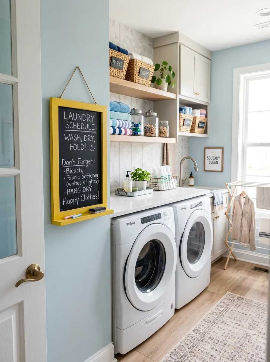 A real-life laundry room with a small yellow-framed chalkboard message board near the door, neatly organized room visible behind it, bright natural light, clean and vibrant colors, beautifully arranged, stock photography style.