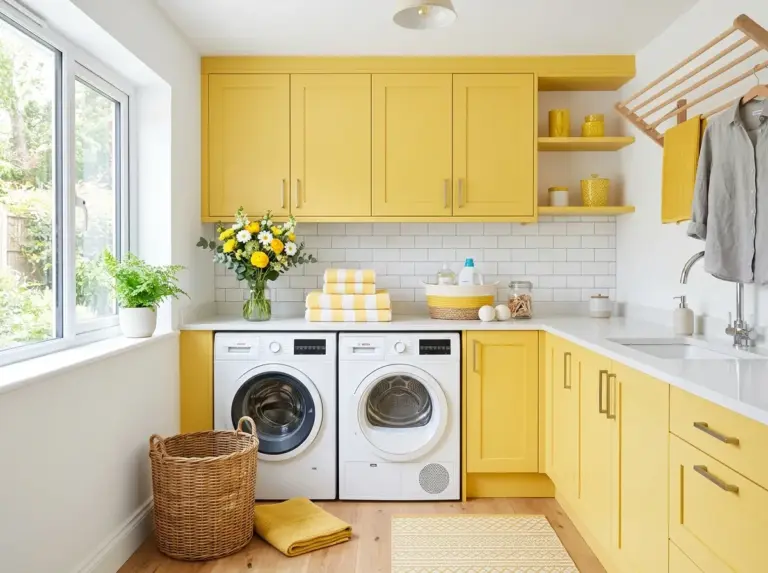 A bright, real-life laundry room styled with cheerful yellow accents throughout, including yellow cabinets, folded towels, and fresh flowers on the counter, neatly organized and beautifully arranged, bright natural light, vibrant colors, clean aesthetic, stock photography style, wide shot, no people.