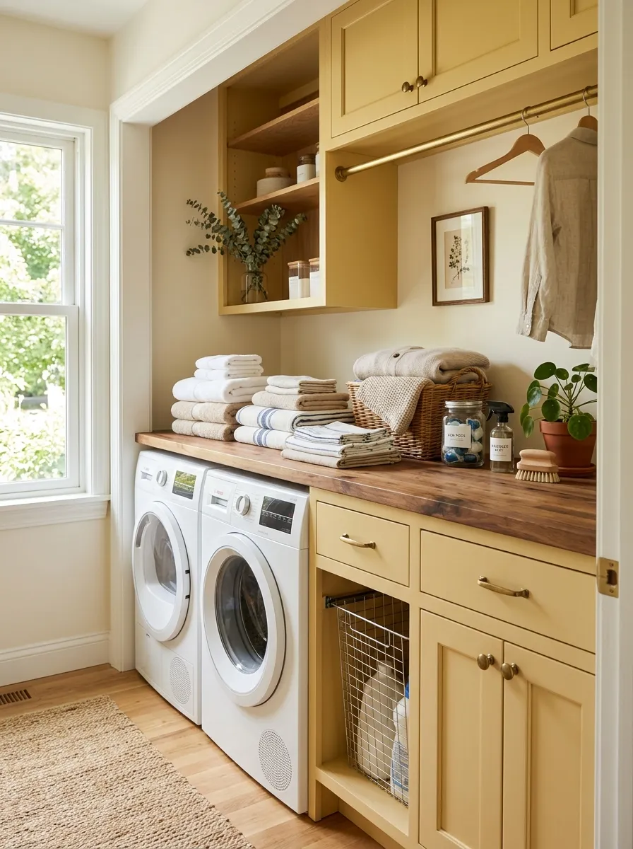 A real-life small laundry closet with butter yellow shaker cabinets, brass hardware, butcher block countertop, neatly folded laundry, bright natural light streaming in, clean and organized, vibrant warm tones, beautifully arranged, stock photography style.
