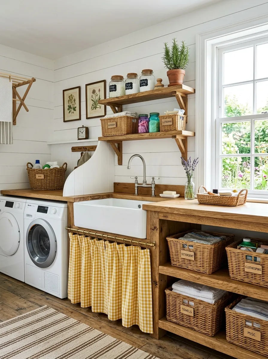 A real-life farmhouse laundry room with a yellow and white gingham curtain hiding under-sink storage, open wooden shelves with woven baskets, bright natural light, neatly organized, clean and beautifully arranged, vibrant colors, stock photography style.
