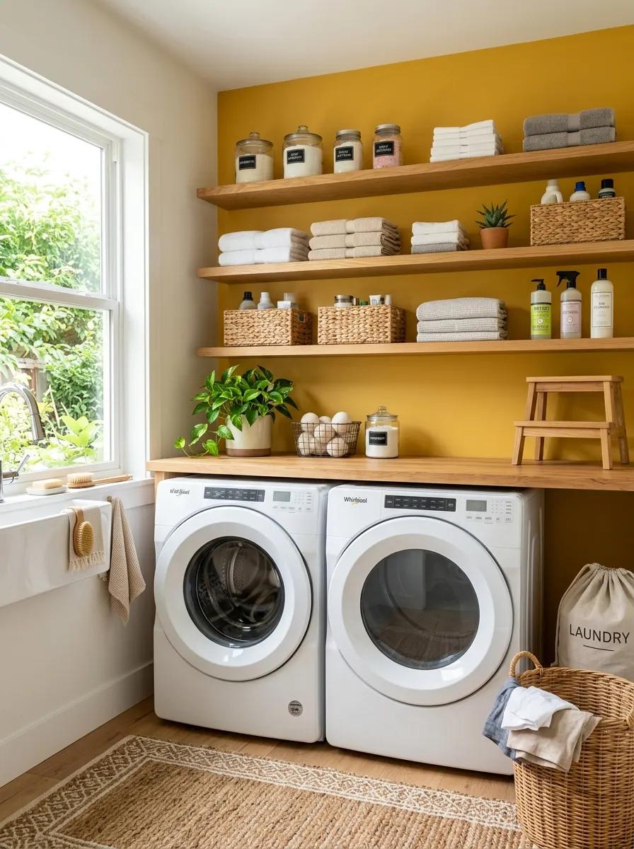 A real-life laundry room with a mustard yellow accent wall behind white washer and dryer, open wood shelving neatly organized with detergent and folded towels, bright natural light, clean and vibrant, beautifully arranged, stock photography style.