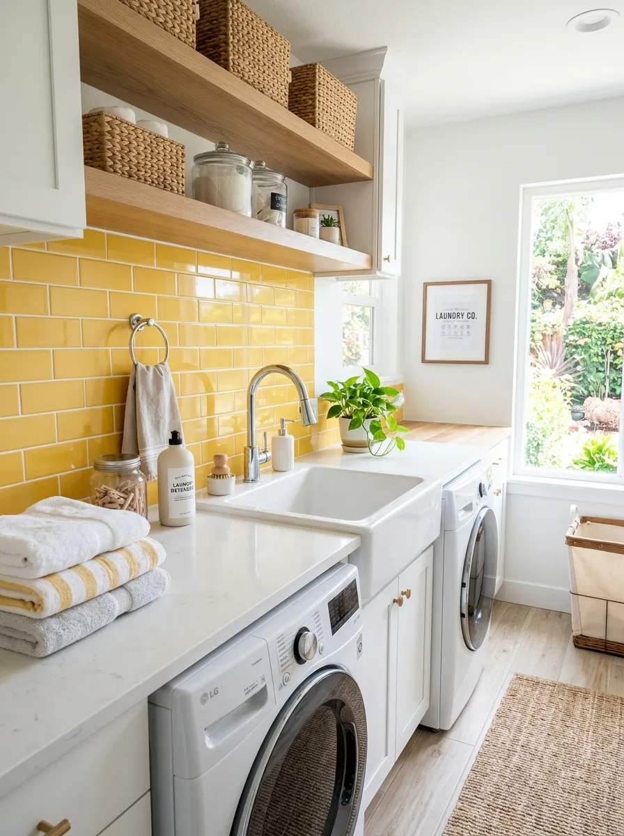 A real-life laundry room with a glossy yellow subway tile backsplash behind a utility sink, white grout lines, neatly organized counter with folded towels, bright natural light, clean and vibrant, beautifully arranged, stock photography style.