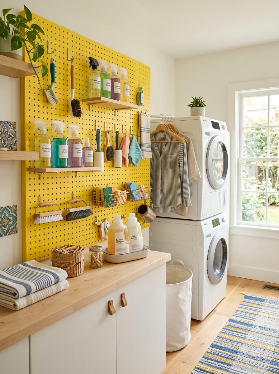 A real-life laundry room with a bright yellow pegboard wall holding neatly organized cleaning tools and spray bottles, wooden hooks and small shelves, bright natural light, clean and beautifully arranged, vibrant colors, stock photography style.