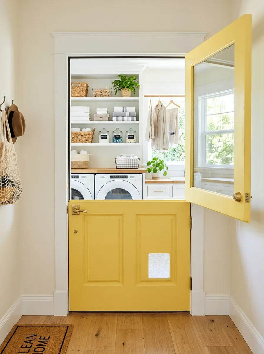 A real-life laundry room entrance with a yellow Dutch door split in half, white trim, bright natural light coming through the open top, neatly organized room visible behind it, clean and vibrant, beautifully arranged, stock photography style.