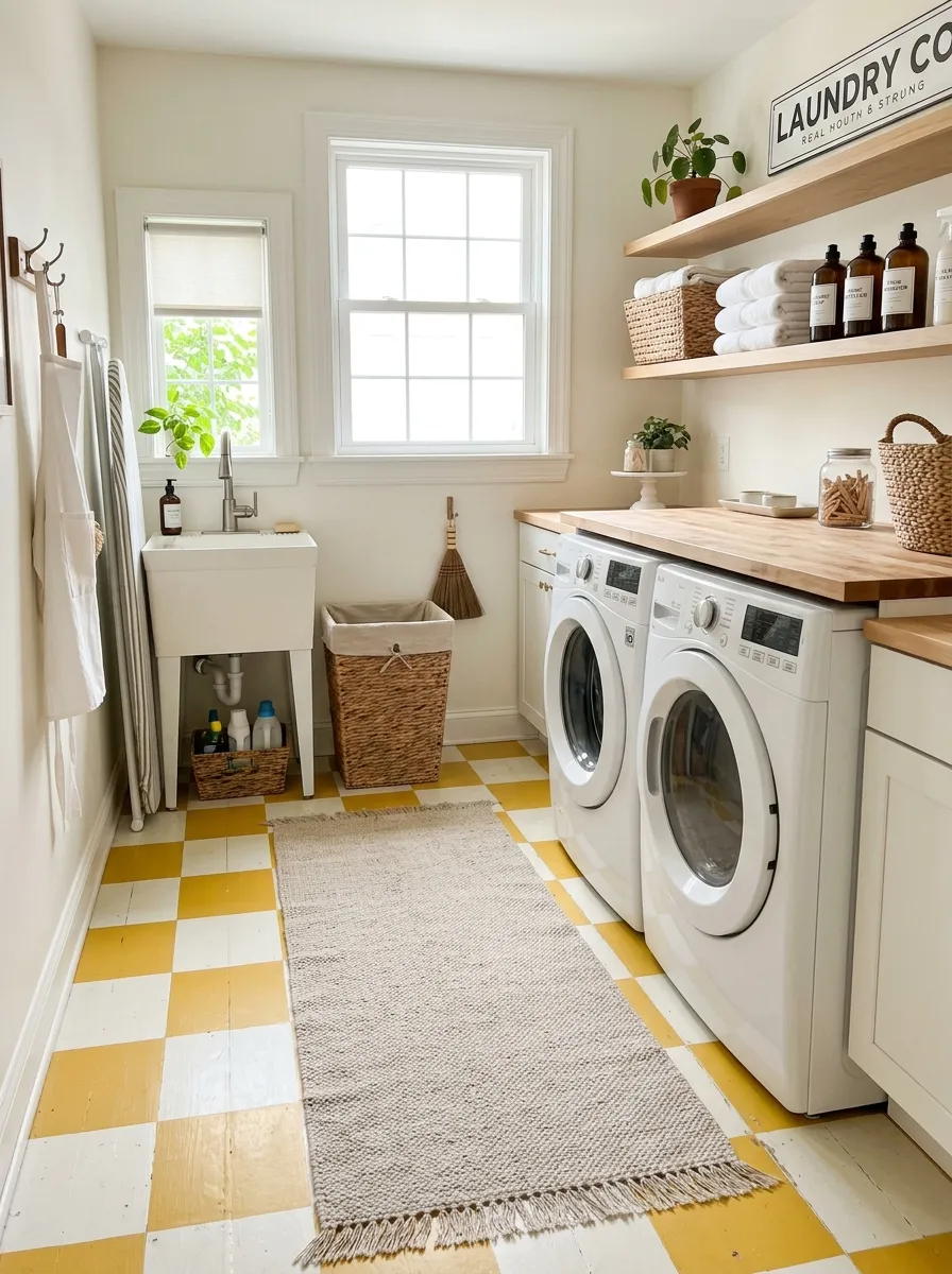 A real-life laundry room with a yellow and white checkered floor, a soft neutral runner rug layered on top, washer and dryer neatly organized nearby, bright natural light, clean and vibrant colors, beautifully arranged, stock photography style.
