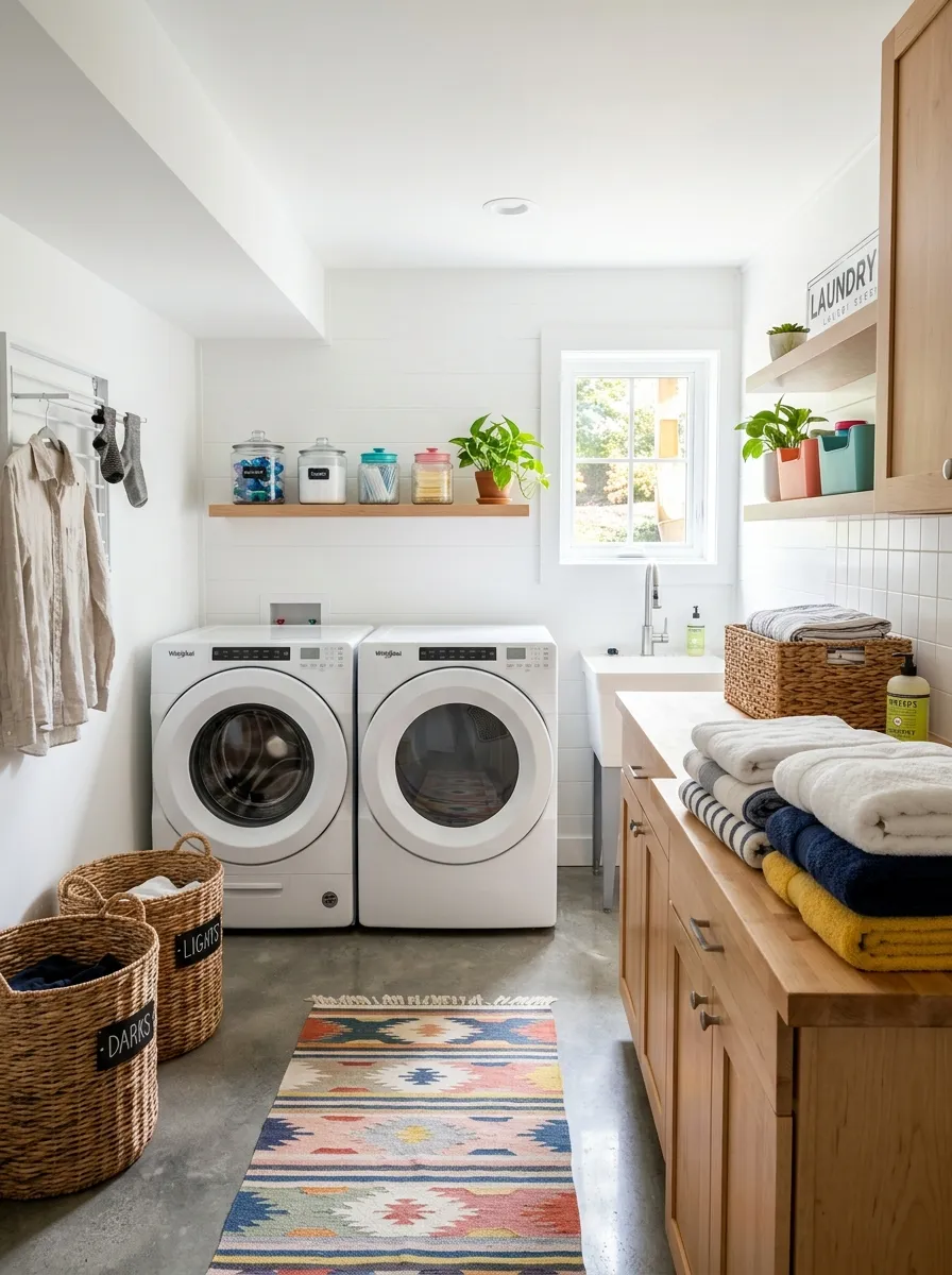 Prompt: A realistic photo of a bright basement laundry room with freshly painted white walls, a washer and dryer neatly organized, folded towels stacked beautifully, bright natural light streaming through a small window, clean and organized space, vibrant colors, stock photography style, Pinterest-ready aesthetic.