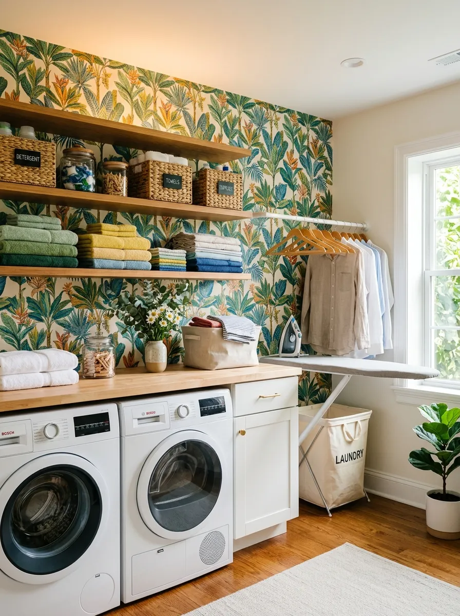 Prompt: A realistic photo of a basement laundry room with a bold botanical wallpaper accent wall, neatly organized shelves and folded laundry, clean bright space, natural light, vibrant colors, stock photography, Pinterest-ready wallpaper design idea.